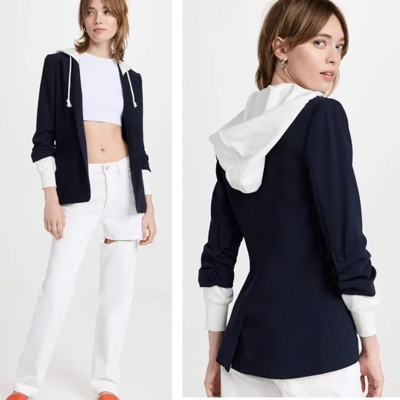 Cinq a Sept Women’s Hooded Relaxed Fit Navy Blue and White Khloe Blazer Jacket - Picture 2 of 15
